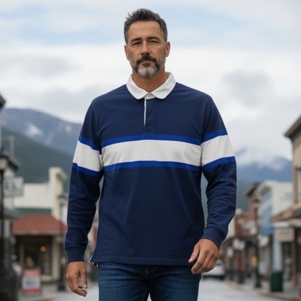 Fair Harbor Mens XL Organic Cotton Long Sleeve Rugby‎ Shirt Navy Blue Striped